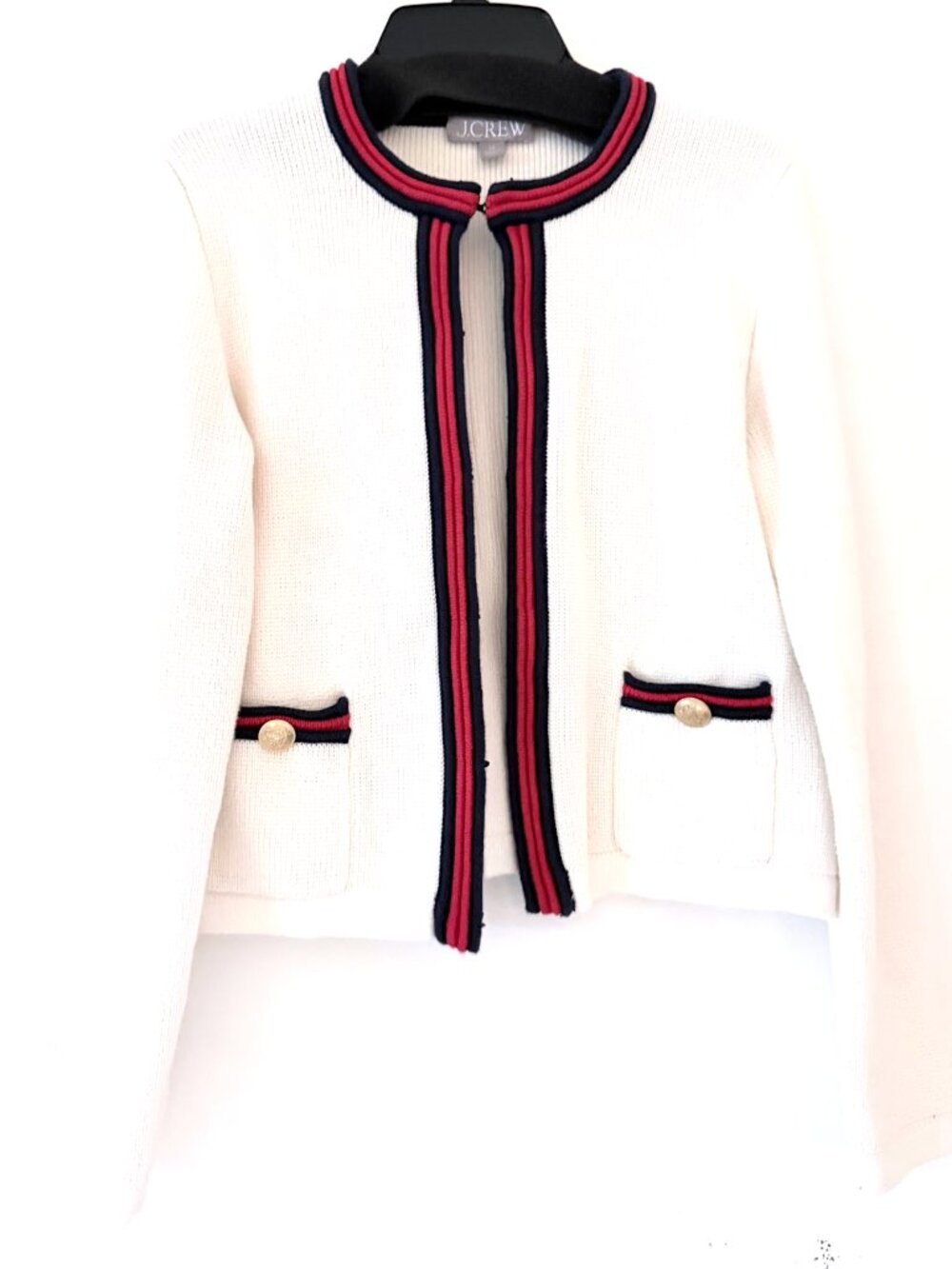 J.Crew Ivory Tipped Sweater Lady Jacket, Navy & Red Trim, Gold Crest Buttons, XS
